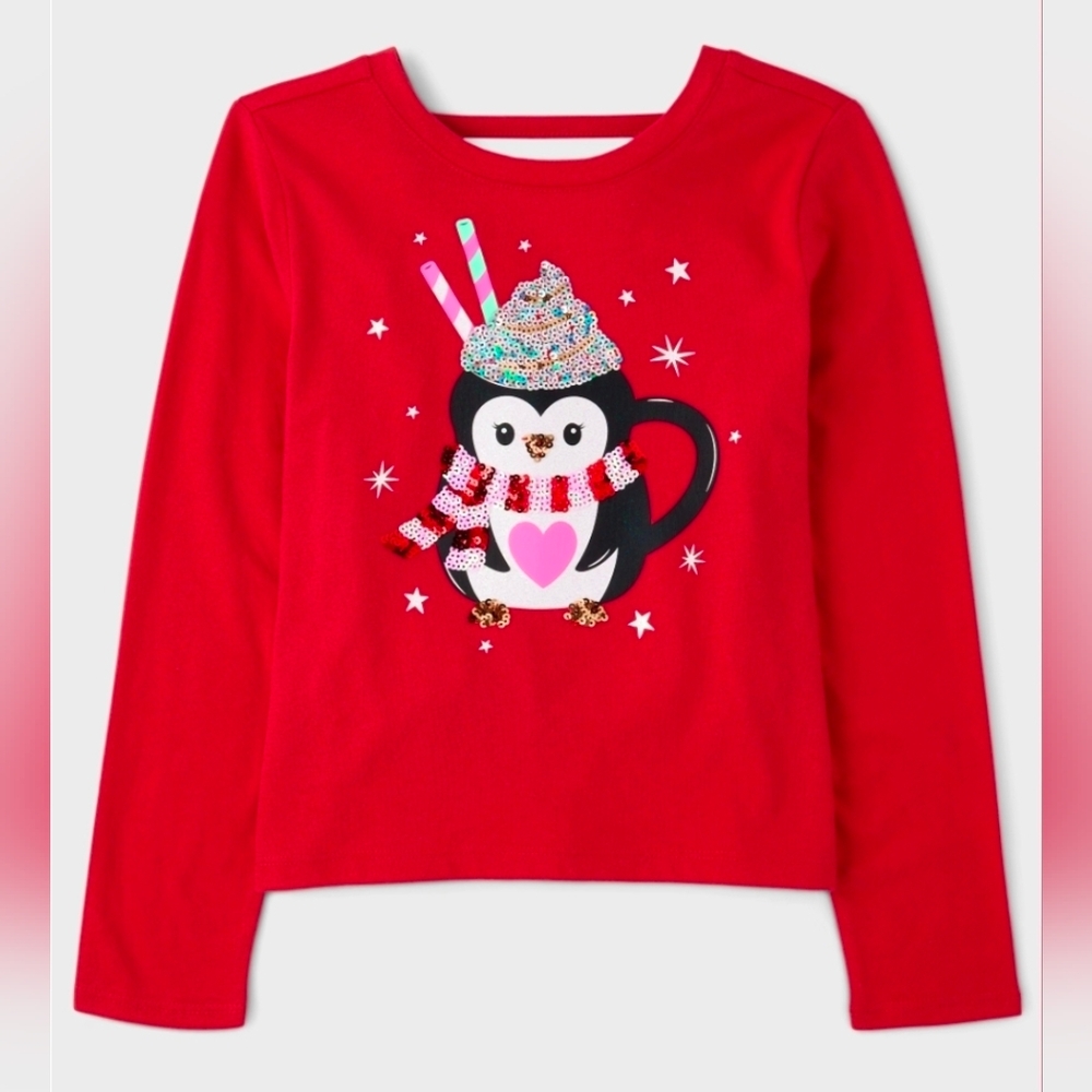 The Children’s Place Girls Sequin Penguin Mug Bar Back Top Red Small NEW